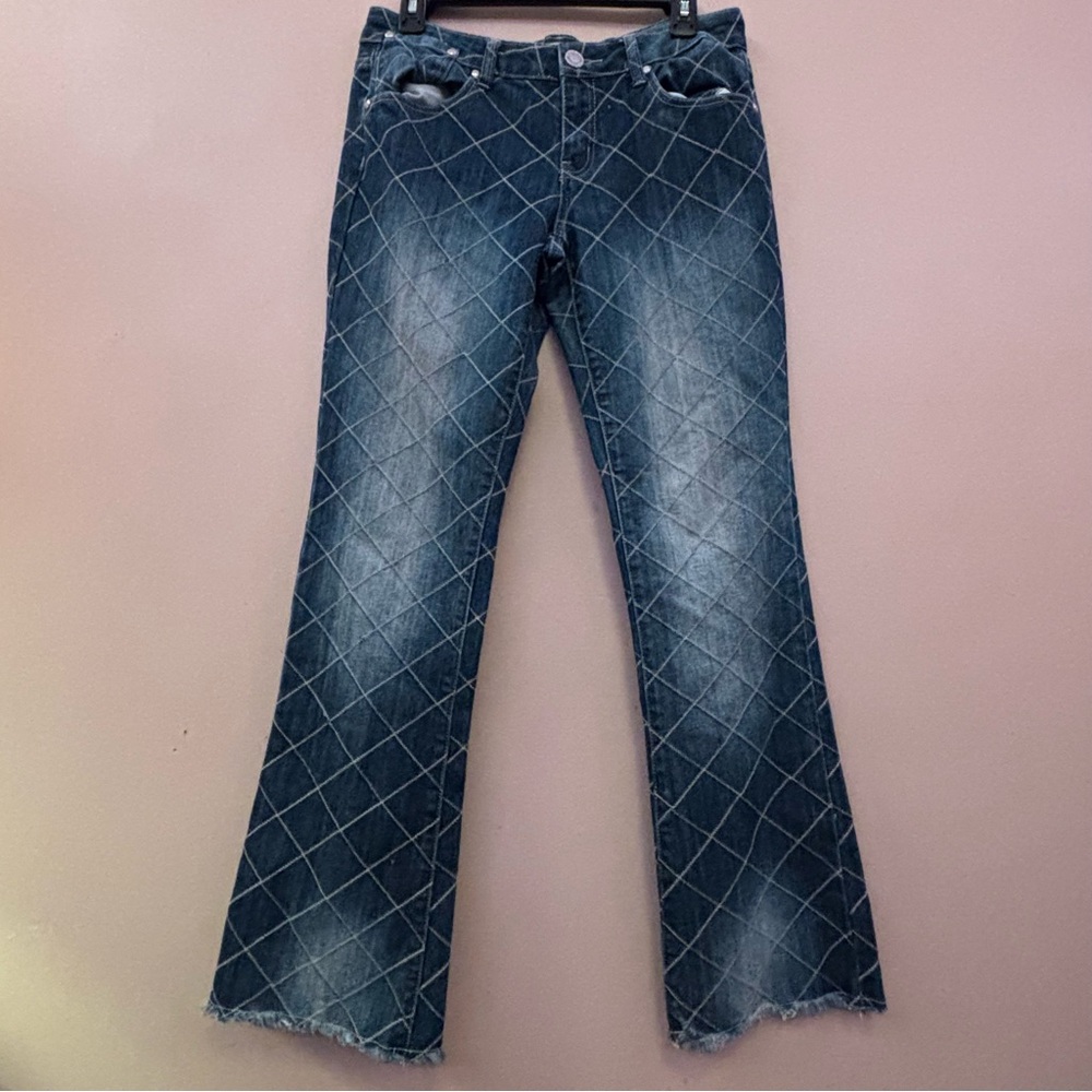 Almost Famous Premium Womens Jeans Size 11 Checkered Squares stiches Raw Hem